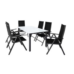 Bern 1 + 6 table et chaises en verre noir et blanc en aluminium