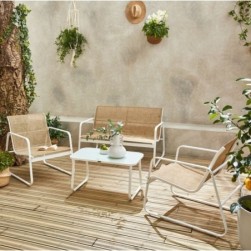 Mobilier de jardin en metal et textilene pour 4 personnes, blanc et naturel, Design