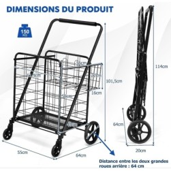 Chariot pliable a 4 roues, double panier panier Chariot