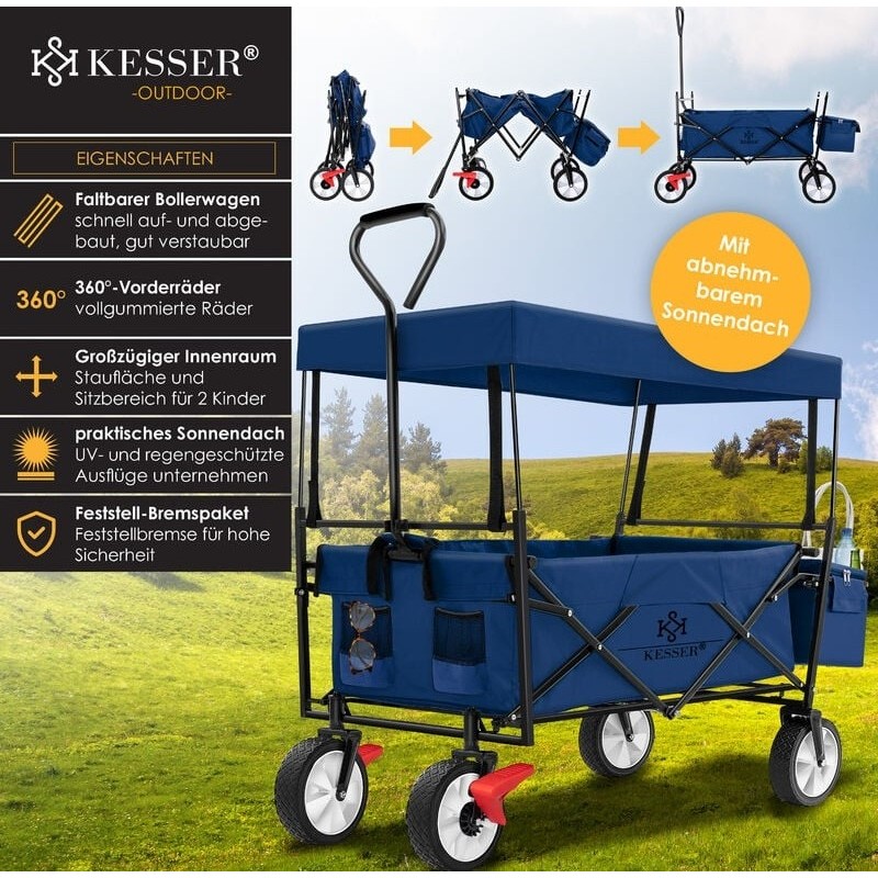 KESSER® Bollerwagen pliable avec toit Chariot a main,Bleu/Navy