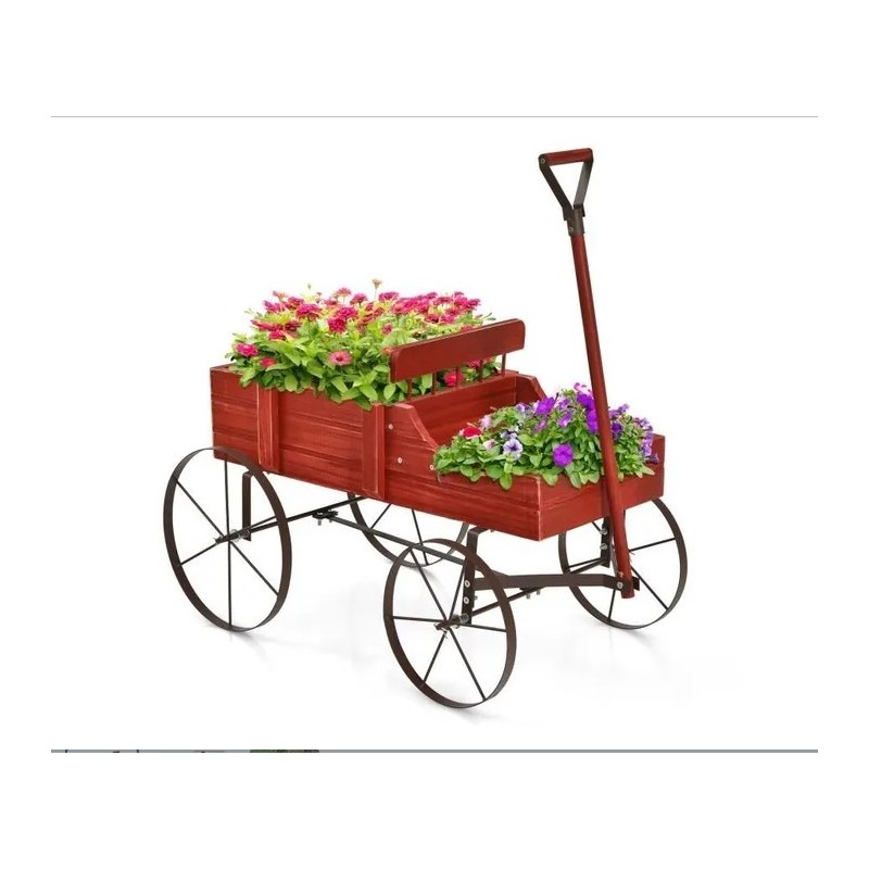 Brouette de Jardin en Bois COSTWAY - 4 Roues Metalliques - Rouge