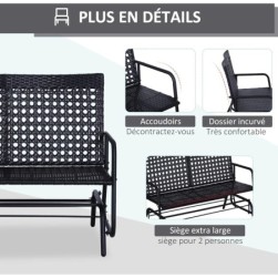 Outsunny Banc de jardin 2 places resine tressee imitation rotin noir