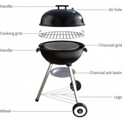 Barbecue Charbon Portable BBQ Rond Couvercle Double Roues Barbecue