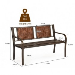 Banc de Jardin en Fonte d’Acier, Banc d'Extérieur pour avec Dossier Rotin