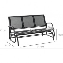 Banc d'extérieur 3 places, fauteuil de jardin, acier teslin noir