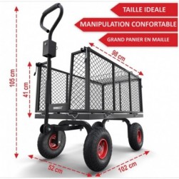 Chariot de transport de jardin 205L charge jusqu’à 550kg avec 4pneus