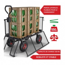 Chariot de transport de jardin 205L charge jusqu’à 550kg avec 4pneus