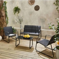 Salon de jardin en métal et textilène pour 4 personnes,noir