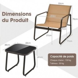 Salon de Jardin 3 PCS-en Textilène Anti-UV, Table Basse en Verre Trampé