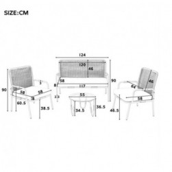 Ensemble salon de jardin, 4 places, en polyrotin, table basse