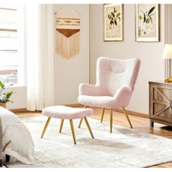 Yaheetech Fauteuil Scandinave à Oreilles avec Repose Pieds en Tissu,Rose