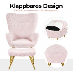 Yaheetech Fauteuil Scandinave à Oreilles avec Repose Pieds en Tissu,Rose