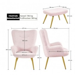 Yaheetech Fauteuil Scandinave à Oreilles avec Repose Pieds en Tissu,Rose