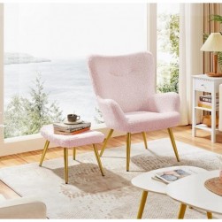 Yaheetech Fauteuil Scandinave à Oreilles avec Repose Pieds en Tissu,Rose