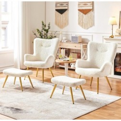 Yaheetech Fauteuil Scandinave à Oreilles avec Repose Pieds en Tissu,Blanc