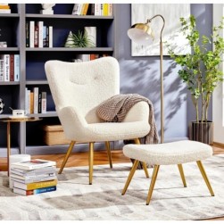 Yaheetech Fauteuil Scandinave à Oreilles avec Repose Pieds en Tissu,Blanc