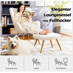 Yaheetech Fauteuil Scandinave à Oreilles avec Repose Pieds en Tissu,Blanc