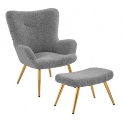 Yaheetech Fauteuil Scandinave à Oreilles avec Repose Pieds en Tissu,Gris