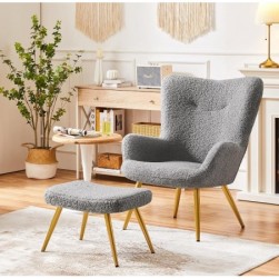 Yaheetech Fauteuil Scandinave à Oreilles avec Repose Pieds en Tissu,Gris