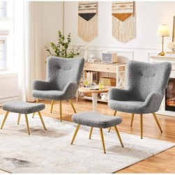 Yaheetech Fauteuil Scandinave à Oreilles avec Repose Pieds en Tissu,Gris