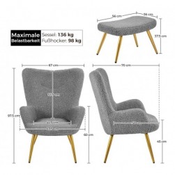 Yaheetech Fauteuil Scandinave à Oreilles avec Repose Pieds en Tissu,Gris