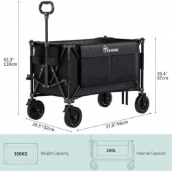 YITAHOME Chariot Pliable 200L Chariot à la Plage 100kg Chariot de Jardin,Noir