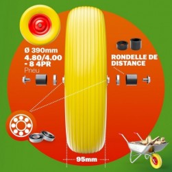 Roue de brouette increvable caoutchouc plein PU 4.80/4.00-8 Ø390mm jante