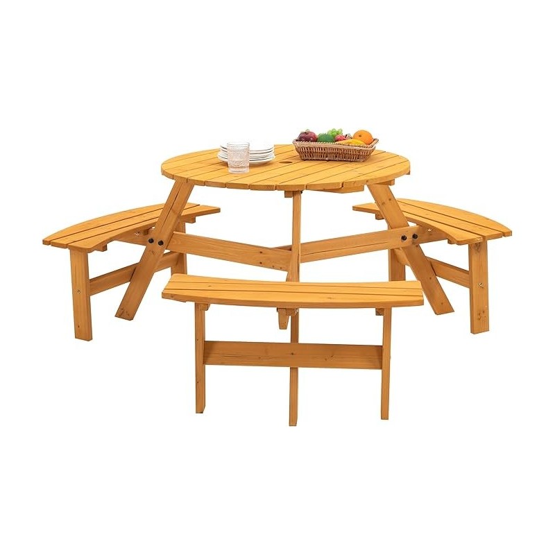 Table ronde pique - nique en bois exterieur pour 6 personnes / 3 bancs integres